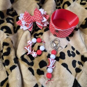 Hand Mqde Red & White Kids Bracelet, Keychain & Bow Set